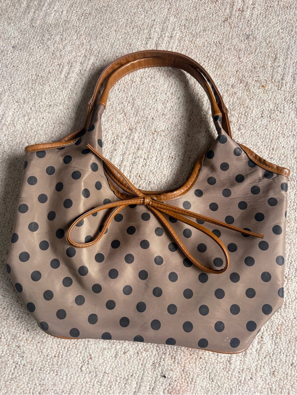 Polka Dot Tan & Black Tote Bag with Bow Detail